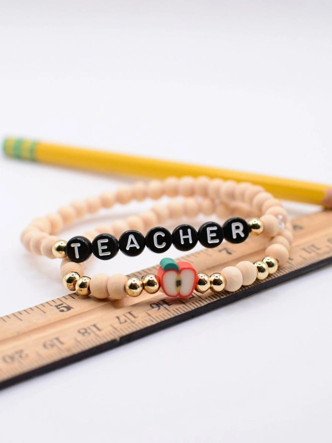 Natural Wood Bead Teacher Bracelet Stack
